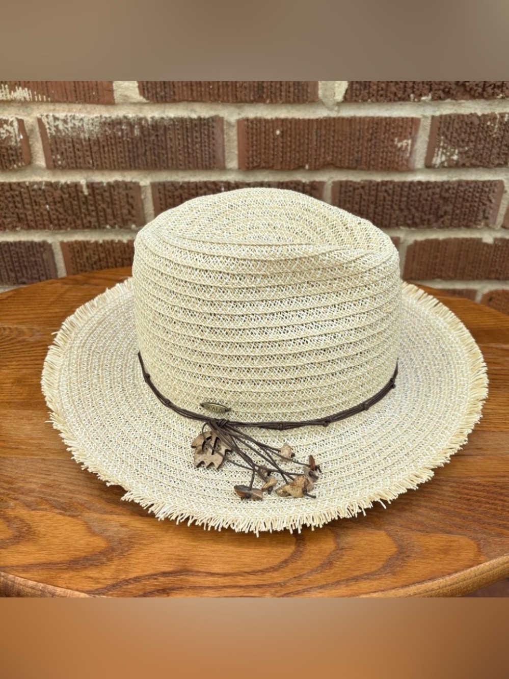 Scala Cream Straw Sun Hat with Brown Leaf Accent
